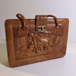 Vintage Embossed Leather Briefcase Satchel Aztec Calendar Western Bull‎ 60s 70s